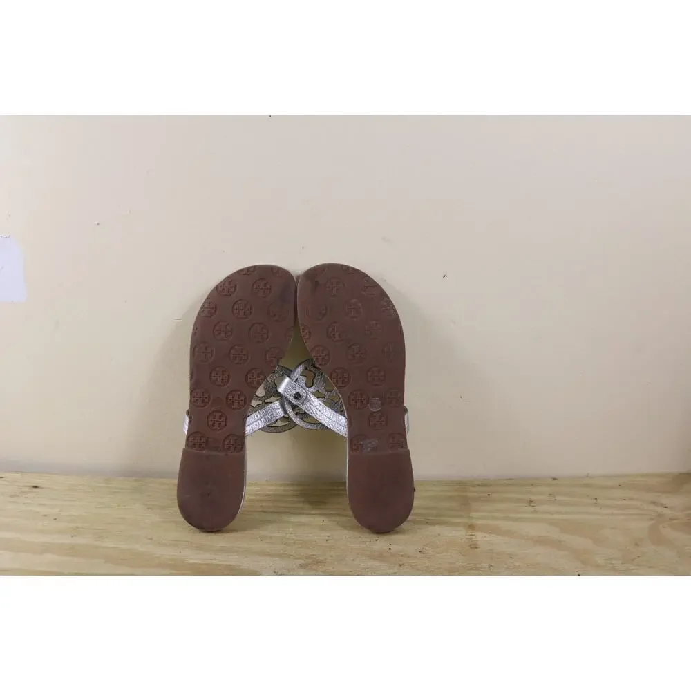 Tory Burch Sandals 7.5M Silver Leather Miller Logo Thong Shoes Flats
